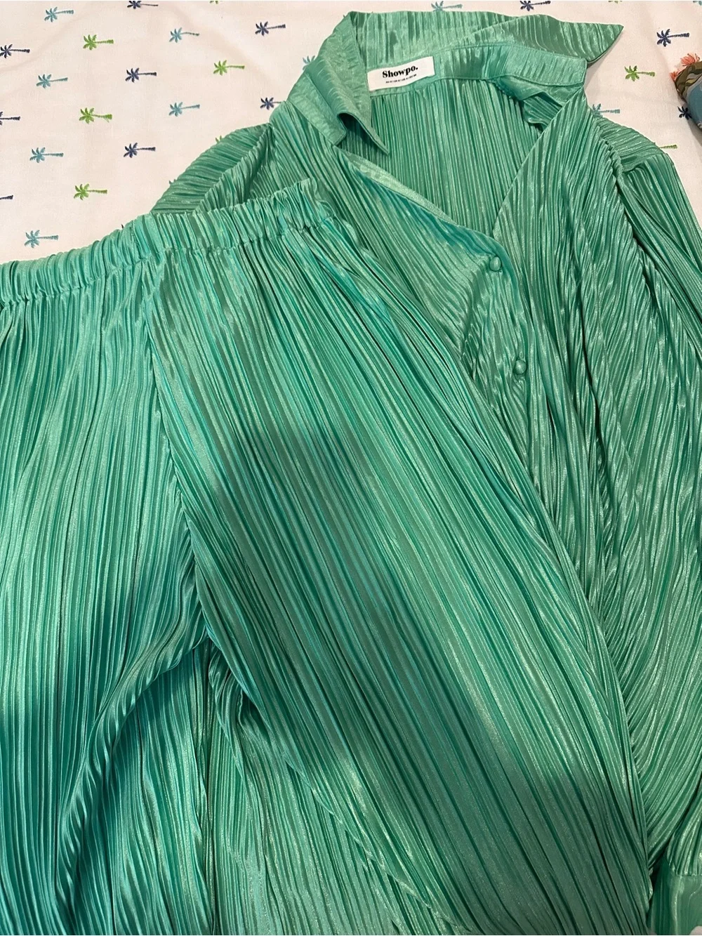 Showpo Green Pleated Matching Set with Wide Leg pant
